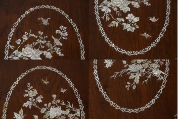 和製ビンテージ　高級品!!　花梨(カリン)材　象嵌入り　華やかな螺鈿(ラデン)細工が美しいエクステンションテーブル　(R-077727)