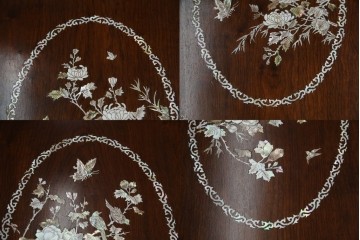 和製ビンテージ　高級品!!　花梨(カリン)材　象嵌入り　華やかな螺鈿(ラデン)細工が美しいエクステンションテーブル　(R-077727)