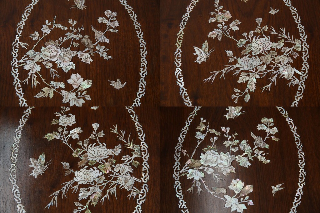 和製ビンテージ　高級品!!　花梨(カリン)材　象嵌入り　華やかな螺鈿(ラデン)細工が美しいエクステンションテーブル　(R-077727)