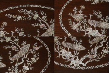 和製ビンテージ　高級品!!　花梨(カリン)材　象嵌入り　華やかな螺鈿(ラデン)細工が美しいエクステンションテーブル　(R-077727)