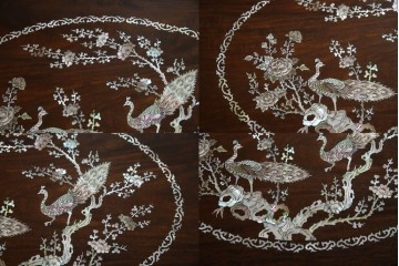 和製ビンテージ　高級品!!　花梨(カリン)材　象嵌入り　華やかな螺鈿(ラデン)細工が美しいエクステンションテーブル　(R-077727)