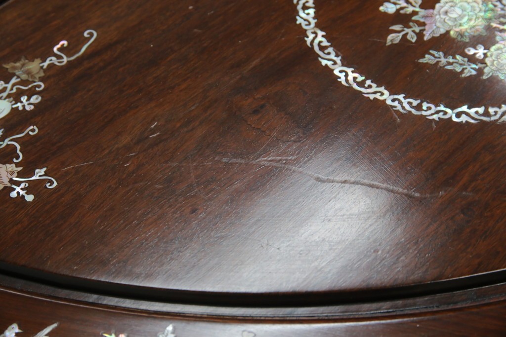 和製ビンテージ　高級品!!　花梨(カリン)材　象嵌入り　華やかな螺鈿(ラデン)細工が美しいエクステンションテーブル　(R-077727)