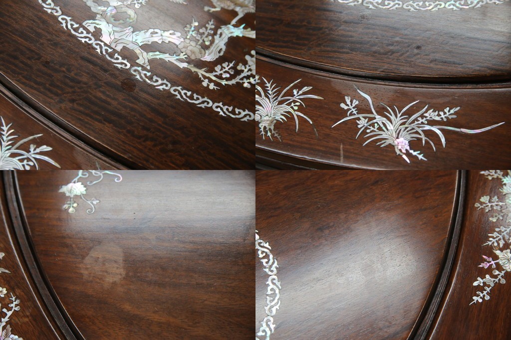 和製ビンテージ　高級品!!　花梨(カリン)材　象嵌入り　華やかな螺鈿(ラデン)細工が美しいエクステンションテーブル　(R-077727)