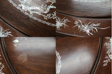 和製ビンテージ　高級品!!　花梨(カリン)材　象嵌入り　華やかな螺鈿(ラデン)細工が美しいエクステンションテーブル　(R-077727)