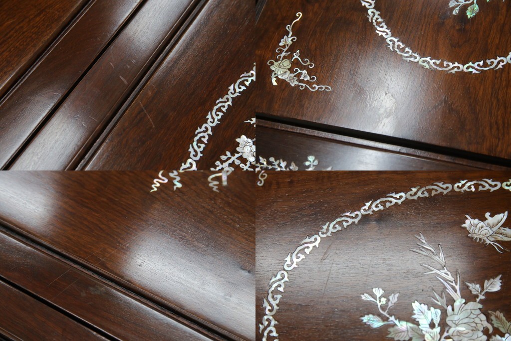 和製ビンテージ　高級品!!　花梨(カリン)材　象嵌入り　華やかな螺鈿(ラデン)細工が美しいエクステンションテーブル　(R-077727)