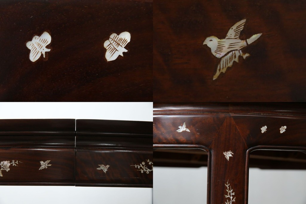 和製ビンテージ　高級品!!　花梨(カリン)材　象嵌入り　華やかな螺鈿(ラデン)細工が美しいエクステンションテーブル　(R-077727)