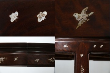 和製ビンテージ　高級品!!　花梨(カリン)材　象嵌入り　華やかな螺鈿(ラデン)細工が美しいエクステンションテーブル　(R-077727)