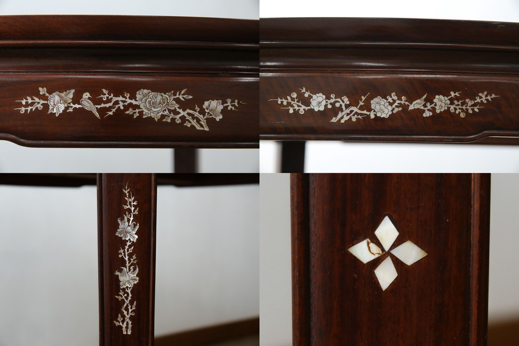 和製ビンテージ　高級品!!　花梨(カリン)材　象嵌入り　華やかな螺鈿(ラデン)細工が美しいエクステンションテーブル　(R-077727)