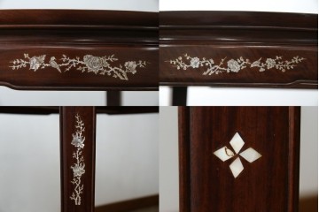 和製ビンテージ　高級品!!　花梨(カリン)材　象嵌入り　華やかな螺鈿(ラデン)細工が美しいエクステンションテーブル　(R-077727)