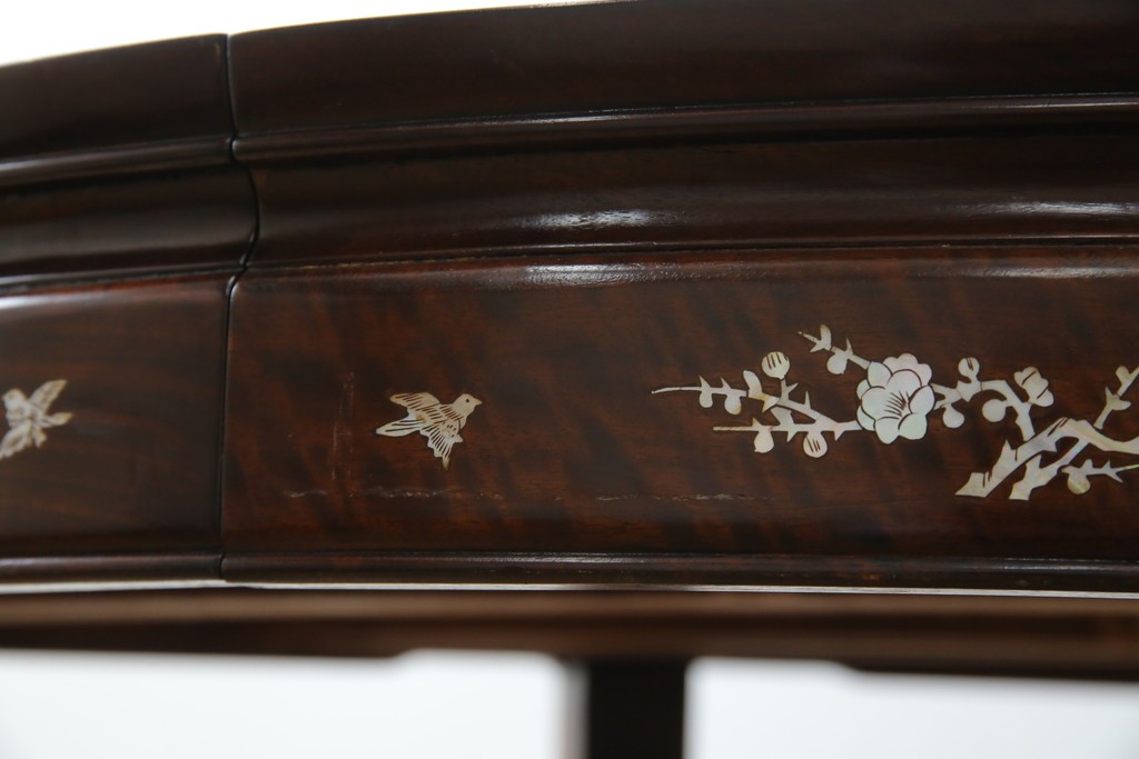 和製ビンテージ　高級品!!　花梨(カリン)材　象嵌入り　華やかな螺鈿(ラデン)細工が美しいエクステンションテーブル　(R-077727)