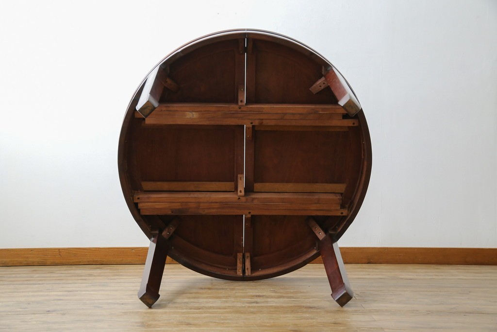 和製ビンテージ　高級品!!　花梨(カリン)材　象嵌入り　華やかな螺鈿(ラデン)細工が美しいエクステンションテーブル　(R-077727)