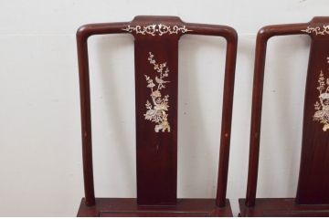 和製ビンテージ　高級品!!　花梨(カリン)材　象嵌入り　華やかな螺鈿(ラデン)細工が美しいダイニングチェア4脚セット(板座チェア、椅子、イス、ヴィンテージ)(R-077728)