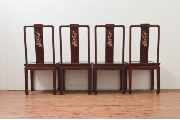 和製ビンテージ　高級品!!　花梨(カリン)材　象嵌入り　華やかな螺鈿(ラデン)細工が美しいダイニングチェア4脚セット(板座チェア、椅子、イス、ヴィンテージ)(R-077728)