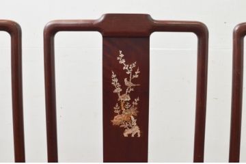 和製ビンテージ　高級品!!　花梨(カリン)材　象嵌入り　華やかな螺鈿(ラデン)細工が美しいダイニングチェア4脚セット(板座チェア、椅子、イス、ヴィンテージ)(R-077728)