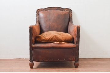 ジャンク品　フランスアンティーク　本革　朽ちた姿が芸術的なフレンチレザーソファ(クラブソファ、ラウンジソファ、一人掛けソファ、1P、アームソファ)(R-077747)