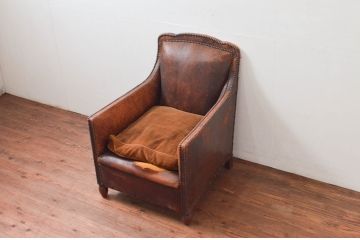 ジャンク品　フランスアンティーク　本革　朽ちた姿が芸術的なフレンチレザーソファ(クラブソファ、ラウンジソファ、一人掛けソファ、1P、アームソファ)(R-077747)
