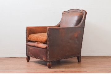 ジャンク品　フランスアンティーク　本革　朽ちた姿が芸術的なフレンチレザーソファ(クラブソファ、ラウンジソファ、一人掛けソファ、1P、アームソファ)(R-077747)