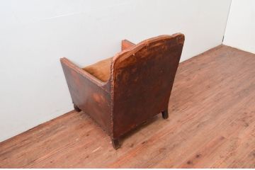 ジャンク品　フランスアンティーク　本革　朽ちた姿が芸術的なフレンチレザーソファ(クラブソファ、ラウンジソファ、一人掛けソファ、1P、アームソファ)(R-077747)