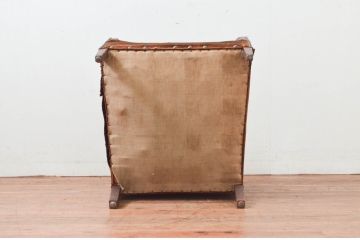 ジャンク品　フランスアンティーク　本革　シェルモチーフの背もたれが可愛らしいフレンチレザーソファ(シェルソファ、クラブソファ、ラウンジソファ、一人掛けソファ、1P、アームソファ)(R-077754)