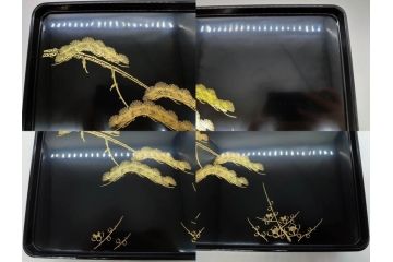 龍玉作　松竹梅の沈金彫が見事な御屠蘇器(鈴木孫次、蒔絵、漆器、木製、盃、杯、銚子、おとそ)(R-077755)