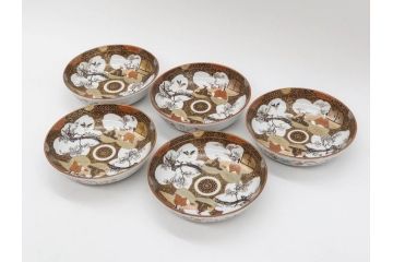 明治期　九谷焼　色絵　花鳥図　約16cm　5.1寸　細かな彩色が美しい中皿5枚セット(裏印、金彩、器、うつわ、和食器、和皿、五寸一分)(R-077770)
