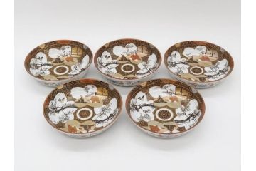 明治期　九谷焼　色絵　花鳥図　約16cm　5.1寸　細かな彩色が美しい中皿5枚セット(裏印、金彩、器、うつわ、和食器、和皿、五寸一分)(R-077770)