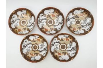 明治期　九谷焼　色絵　花鳥図　約16cm　5.1寸　細かな彩色が美しい中皿5枚セット(裏印、金彩、器、うつわ、和食器、和皿、五寸一分)(R-077770)