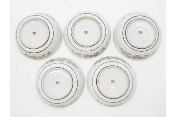 明治期　九谷焼　色絵　花鳥図　約16cm　5.1寸　細かな彩色が美しい中皿5枚セット(裏印、金彩、器、うつわ、和食器、和皿、五寸一分)(R-077770)