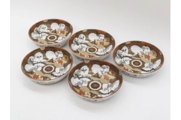 明治期　九谷焼　色絵　花鳥図　約16cm　5.1寸　細かな彩色が美しい中皿5枚セット(裏印、金彩、器、うつわ、和食器、和皿、五寸一分)(R-077771)