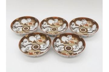 明治期　九谷焼　色絵　花鳥図　約16cm　5.1寸　細かな彩色が美しい中皿5枚セット(裏印、金彩、器、うつわ、和食器、和皿、五寸一分)(R-077771)