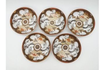 明治期　九谷焼　色絵　花鳥図　約16cm　5.1寸　細かな彩色が美しい中皿5枚セット(裏印、金彩、器、うつわ、和食器、和皿、五寸一分)(R-077771)