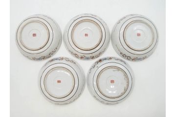 明治期　九谷焼　色絵　花鳥図　約16cm　5.1寸　細かな彩色が美しい中皿5枚セット(裏印、金彩、器、うつわ、和食器、和皿、五寸一分)(R-077771)