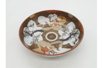 明治期　九谷焼　色絵　花鳥図　約16cm　5.1寸　細かな彩色が美しい中皿5枚セット(裏印、金彩、器、うつわ、和食器、和皿、五寸一分)(R-077771)