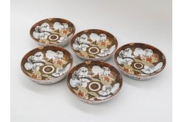 明治期　九谷焼　色絵　花鳥図　約16cm　5.1寸　細かな彩色が美しい中皿5枚セット(裏印、金彩、器、うつわ、和食器、和皿、五寸一分)(R-077772)