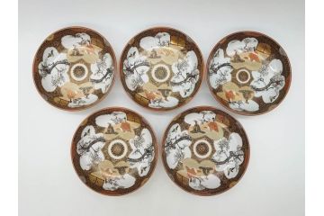 明治期　九谷焼　色絵　花鳥図　約16cm　5.1寸　細かな彩色が美しい中皿5枚セット(裏印、金彩、器、うつわ、和食器、和皿、五寸一分)(R-077772)