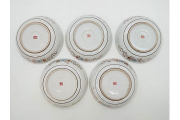 明治期　九谷焼　色絵　花鳥図　約16cm　5.1寸　細かな彩色が美しい中皿5枚セット(裏印、金彩、器、うつわ、和食器、和皿、五寸一分)(R-077772)