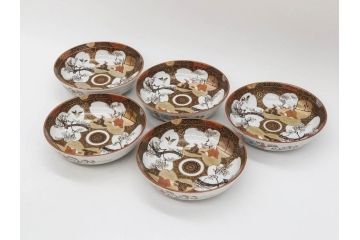 明治期　九谷焼　色絵　花鳥図　約16cm　5.1寸　細かな彩色が美しい中皿5枚セット(裏印、金彩、器、うつわ、和食器、和皿、五寸一分)(R-077773)