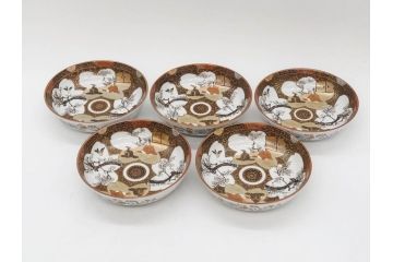 明治期　九谷焼　色絵　花鳥図　約16cm　5.1寸　細かな彩色が美しい中皿5枚セット(裏印、金彩、器、うつわ、和食器、和皿、五寸一分)(R-077773)