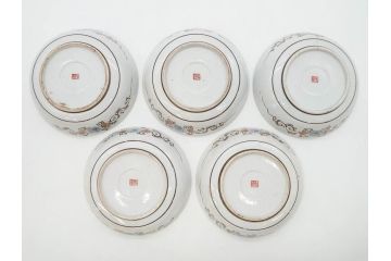 明治期　九谷焼　色絵　花鳥図　約16cm　5.1寸　細かな彩色が美しい中皿5枚セット(裏印、金彩、器、うつわ、和食器、和皿、五寸一分)(R-077773)