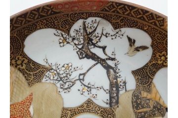 明治期　九谷焼　色絵　花鳥図　約16cm　5.1寸　細かな彩色が美しい中皿5枚セット(裏印、金彩、器、うつわ、和食器、和皿、五寸一分)(R-077773)