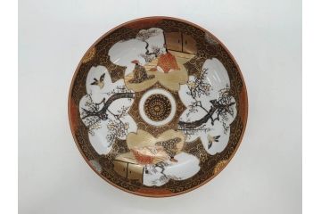 明治期　九谷焼　色絵　花鳥図　約16cm　5.1寸　細かな彩色が美しい中皿5枚セット(裏印、金彩、器、うつわ、和食器、和皿、五寸一分)(R-077773)