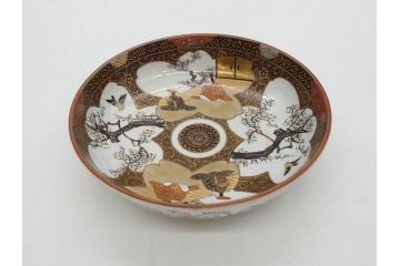 明治期　九谷焼　色絵　花鳥図　約16cm　5.1寸　細かな彩色が美しい中皿5枚セット(裏印、金彩、器、うつわ、和食器、和皿、五寸一分)(R-077773)