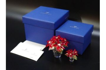 オーストリア　SWAROVSKI(スワロフスキー)　ポインセチア　高さ8cm/4.5cm　キラキラと輝く華やかなクリスタルオブジェ2点セット(クリスマスデコレーション、クリスタルガラス、置物、ディスプレイ、箱付き)(R-077775)