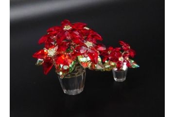オーストリア　SWAROVSKI(スワロフスキー)　ポインセチア　高さ8cm/4.5cm　キラキラと輝く華やかなクリスタルオブジェ2点セット(クリスマスデコレーション、クリスタルガラス、置物、ディスプレイ、箱付き)(R-077775)