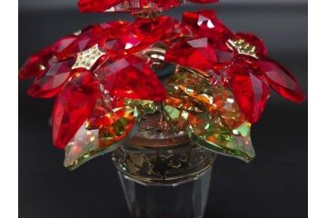 オーストリア　SWAROVSKI(スワロフスキー)　ポインセチア　高さ8cm/4.5cm　キラキラと輝く華やかなクリスタルオブジェ2点セット(クリスマスデコレーション、クリスタルガラス、置物、ディスプレイ、箱付き)(R-077775)