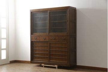 中古　美品　ナラ材　和モダンな空間づくりにおすすめの二段重ね水屋箪笥(重ね箪笥、食器棚、収納棚、重ね戸棚、キャビネット、上下バラ売り可能)(R-077831)