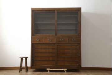 中古　美品　ナラ材　和モダンな空間づくりにおすすめの二段重ね水屋箪笥(重ね箪笥、食器棚、収納棚、重ね戸棚、キャビネット、上下バラ売り可能)(R-077831)