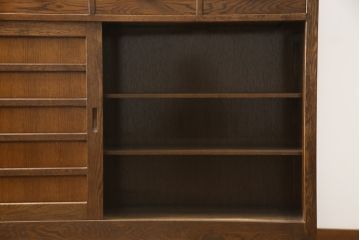 中古　美品　ナラ材　和モダンな空間づくりにおすすめの二段重ね水屋箪笥(重ね箪笥、食器棚、収納棚、重ね戸棚、キャビネット、上下バラ売り可能)(R-077831)