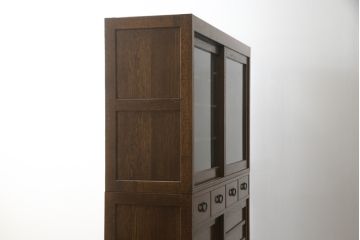中古　美品　ナラ材　和モダンな空間づくりにおすすめの二段重ね水屋箪笥(重ね箪笥、食器棚、収納棚、重ね戸棚、キャビネット、上下バラ売り可能)(R-077831)