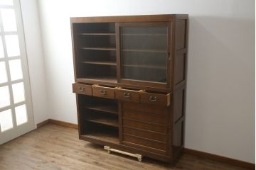 中古　美品　ナラ材　和モダンな空間づくりにおすすめの二段重ね水屋箪笥(重ね箪笥、食器棚、収納棚、重ね戸棚、キャビネット、上下バラ売り可能)(R-077831)